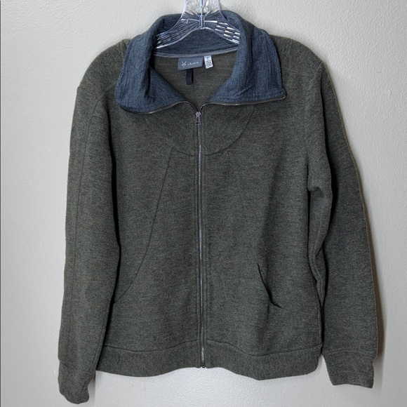 ibex Olive Green Men's Full-Zip Sweater with Charcoal Collar